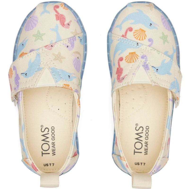 Toms Toms παιδική υφασμάτινη εσπραντρίγια για κορίτσια μπεζ Εσπαντρίγιες Κορίτσι / Espadrilles Girl 10020632_Tiny_Alpargata_NaturalOceanFriendsPrint_T